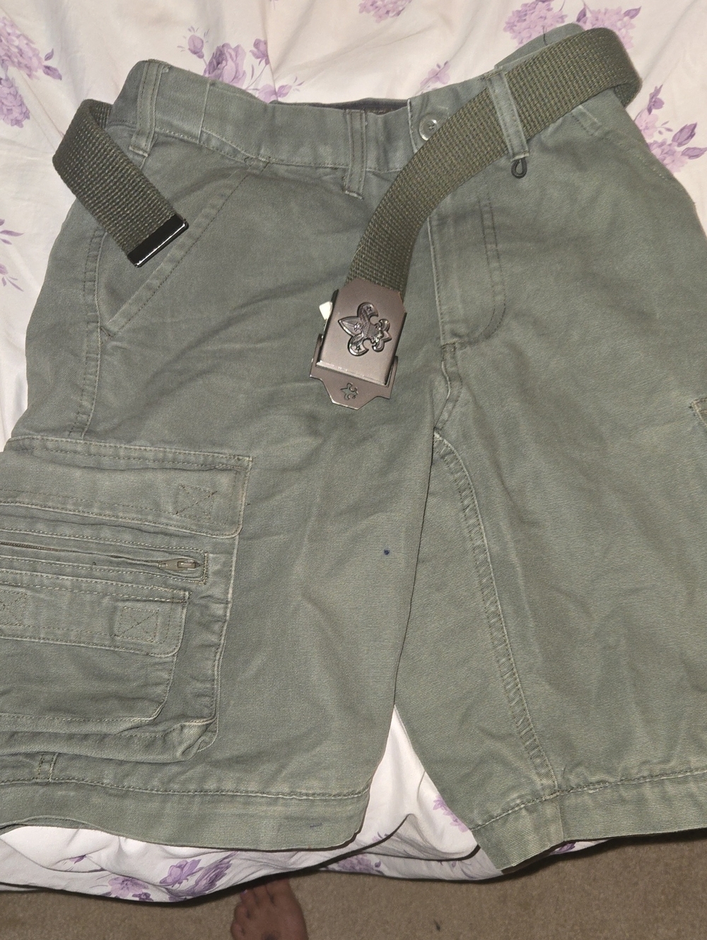Kids Olive Green Cargo Shorts with Web Belt